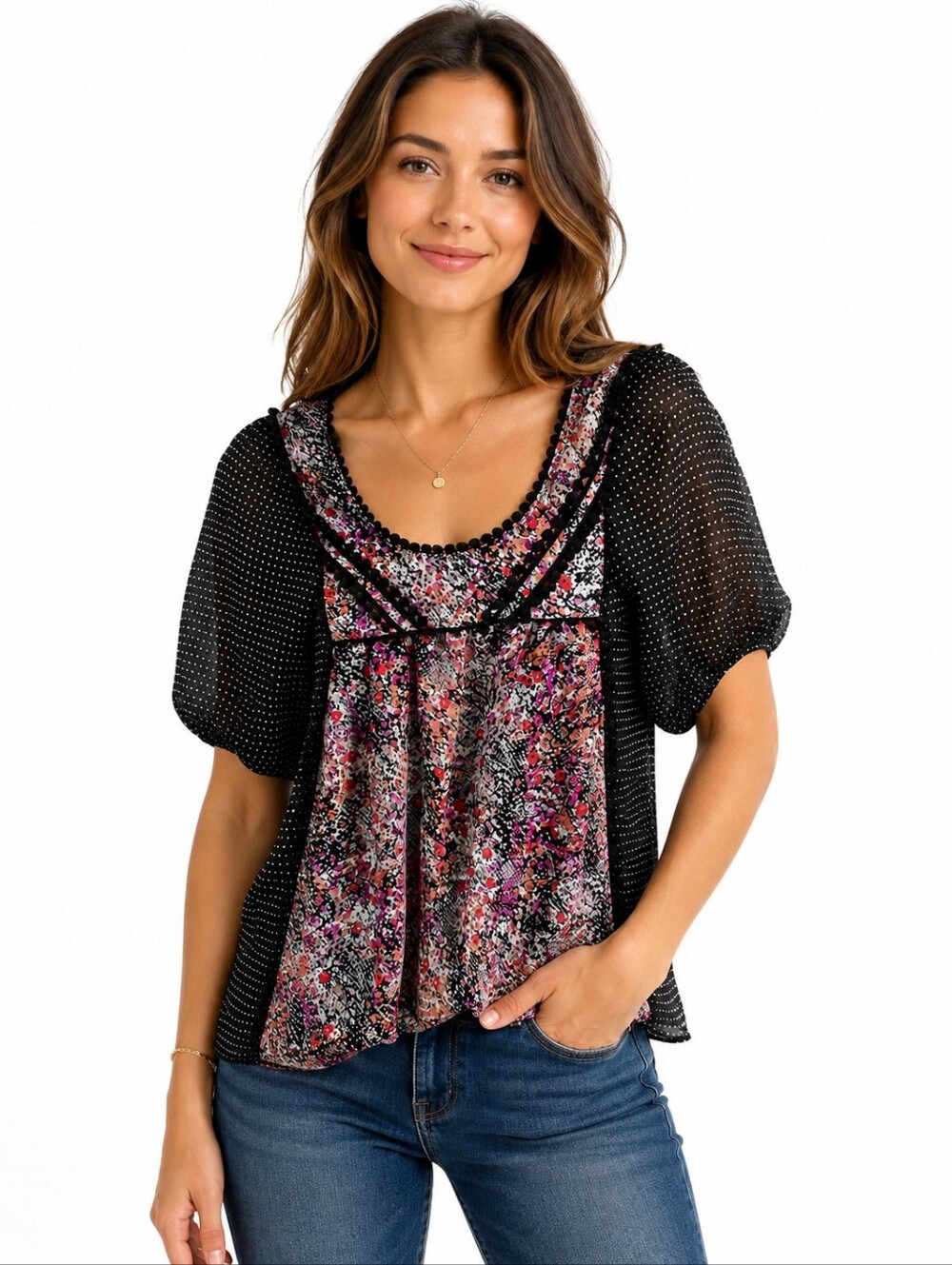 Xhilaration Black Polka Dot Floral Sheer Blouse Boho Top Size XS